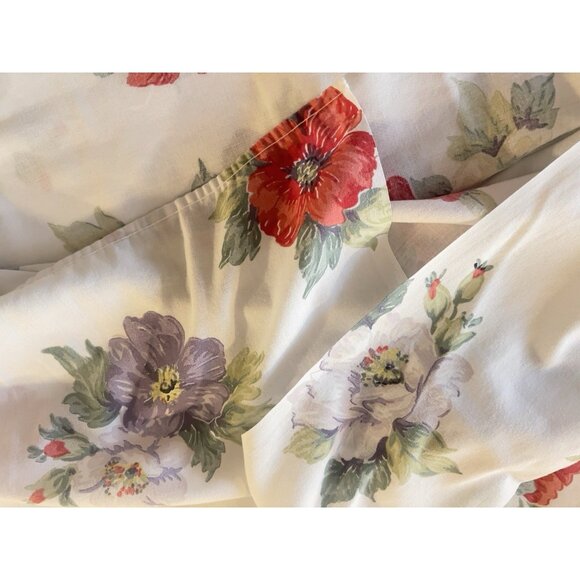 VTG Queen Size Flat Sheet Linen Cotton Black Red Lavender Floral Cottage French - Picture 9 of 11